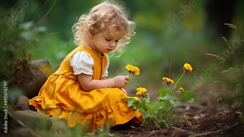 A little girl in a yellow dress with yellow flowers in the forest.