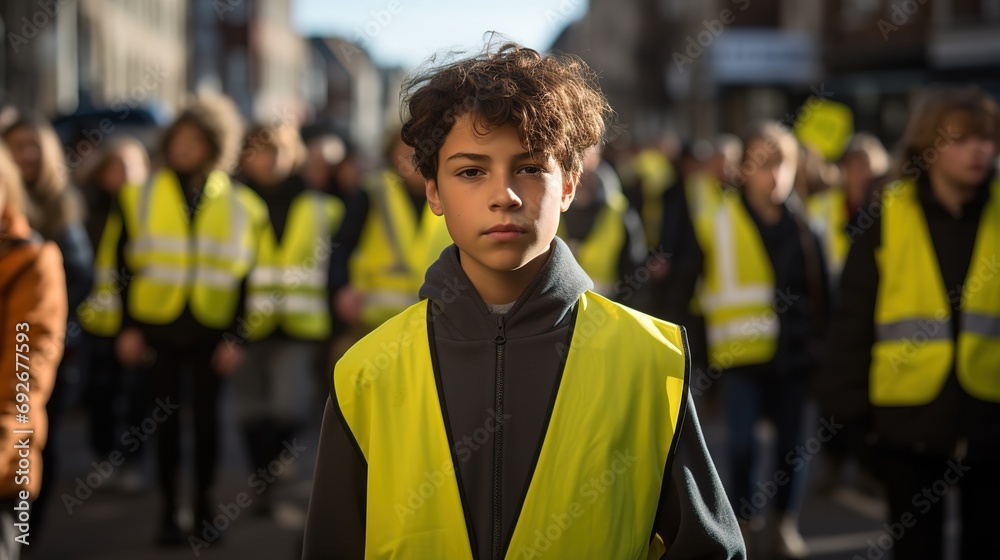 children and young people, teenager demonstrate and protest, wear a yellow safety vest, fictitious reason and place - obrazy, fototapety, plakaty 