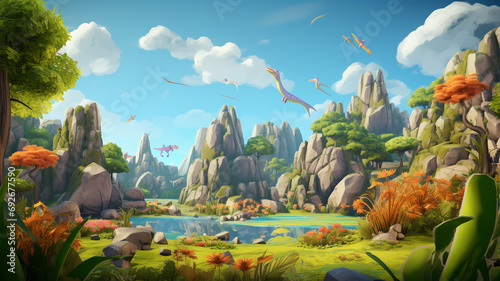 3D cartoon world in clouds background illustration w