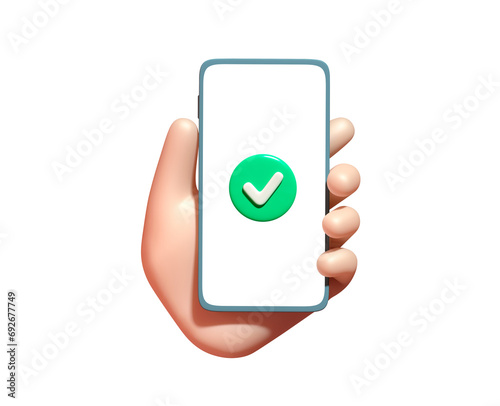 3d cartoon hand holding smartphone with green сheck mark icon on the screen. Isolated background, png
