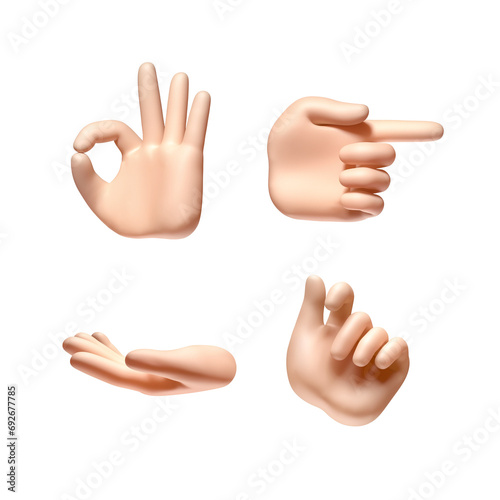 Hand gestures set, isolated background. Collection of cartoon hands in various gesture activity. 3D render illustration, png