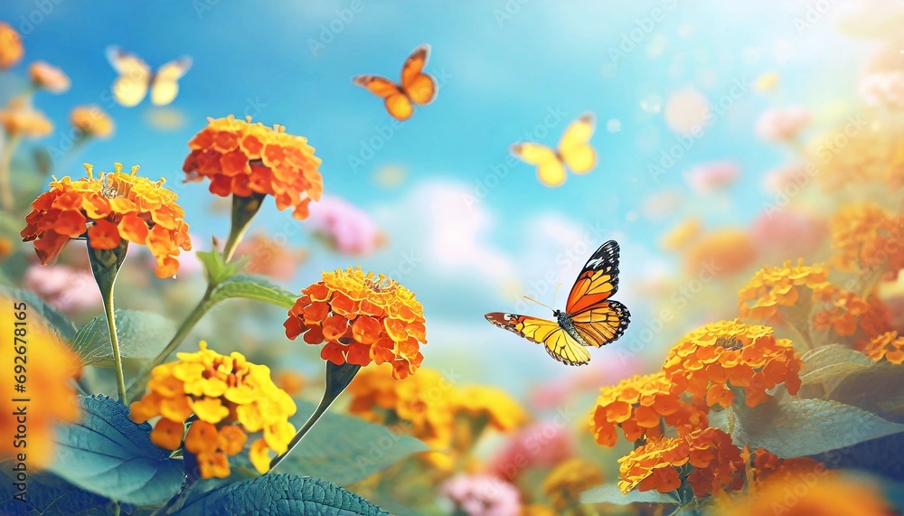 Butterfly in Sea of Flowers, Spring Wallpaper or Background - Space for Copy Butterfly in Sea of Flowers, Spring Wallpaper or Background - Space for Copy