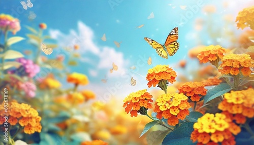 Butterfly in Sea of Flowers  Spring Wallpaper or Background - Space for Copy