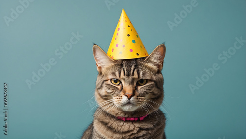 cat wearing a party hat on a bright blue background. backdrop with copy space