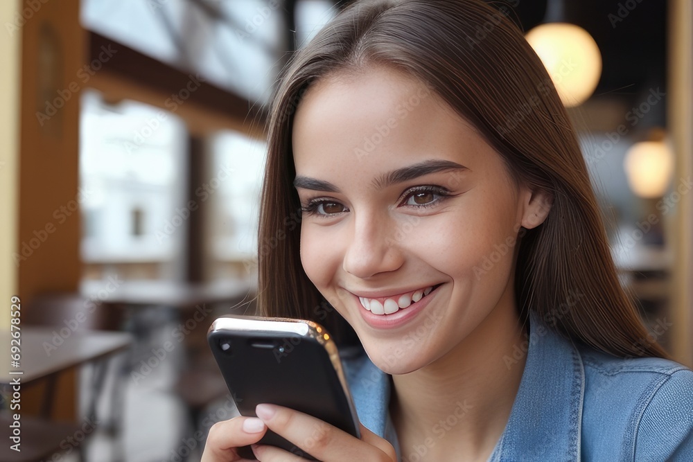 woman texting on mobile phone in cafe