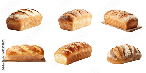 Set of Delicious homemade pastries and breads placed isolated on transparent png background, various of breads for selling in shop concept. photo