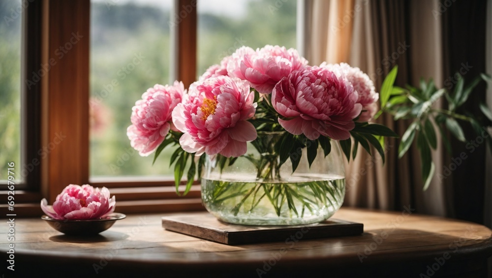 Peony bouque in glass vase on the table Peony bouque in glass vase on the table