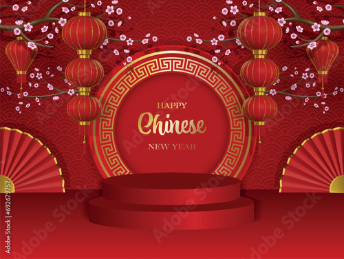 chinese new year background with cherry blossom branches, red lanterns, folding fans and red podium photo