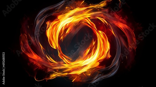 An abstract fire frame with swirling red, orange, and yellow flames against a solid black background, creating a visually captivating and dynamic composition.