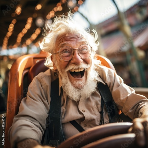 an elderly enjoying at the amusement park 