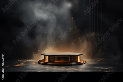 a round gold podium with smoke