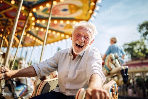 an elderly enjoying at the amusement park
 photo