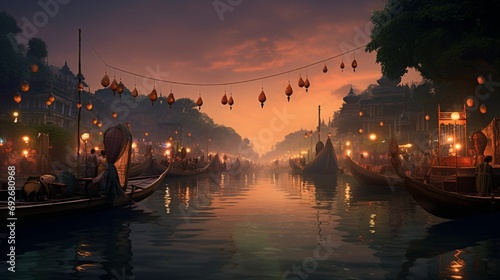 A peaceful riverside scene at dawn during Eid ul Fitr, with traditional boats decorated with lights and banners.