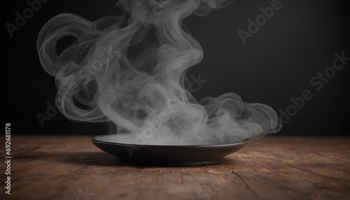 a steaming bowl of food on a wooden table Fluxus, smokey background,mist. Generative AI
