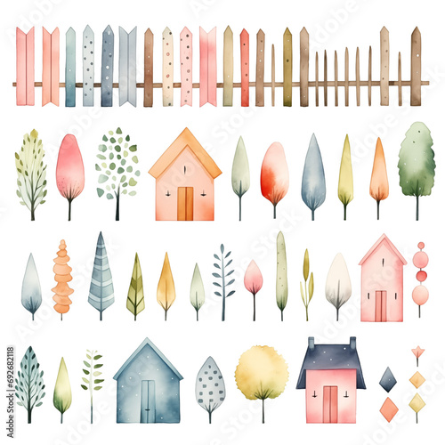 Watercolor Village: Quaint Houses and Fences with Stylized Trees, storybook illustration, nursery decor, crafting elements, transparent, isolated photo