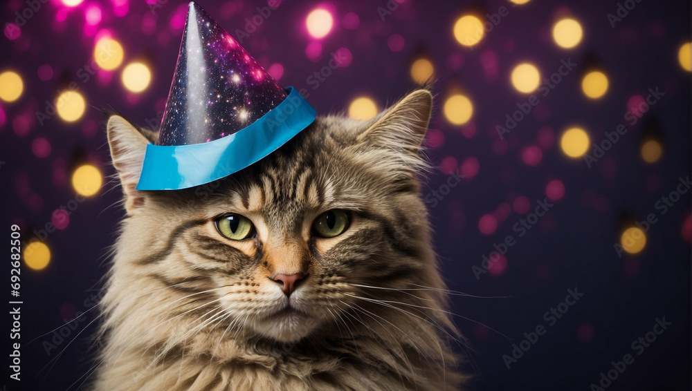 cat wearing a party hat with fireworks in the background. backdrop with copy space