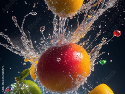 hyperreal fruit symphony: ultra-high definition freezes the burst of colorful fruits mid-air, each droplet and seed rendered crystal clear, inviting you to immerse yourself