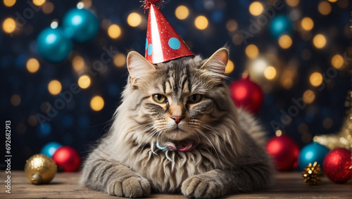 cat wearing a party hat on a background of new year atmosphere. backdrop with copy space