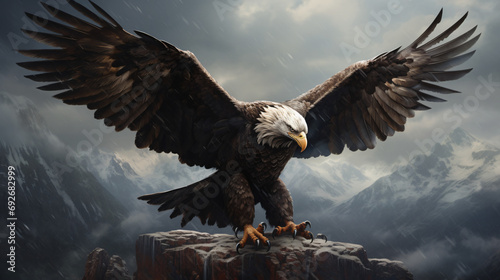 A bald eagle spreads its wings while perched on a rock