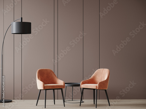 Peach fuzz interior trend colour year 2024 in the luxury living accent chairs. Painted mockup wall for art - brown color. Mockup modern room design interior home. Accent trend detail lounge. 3d render photo