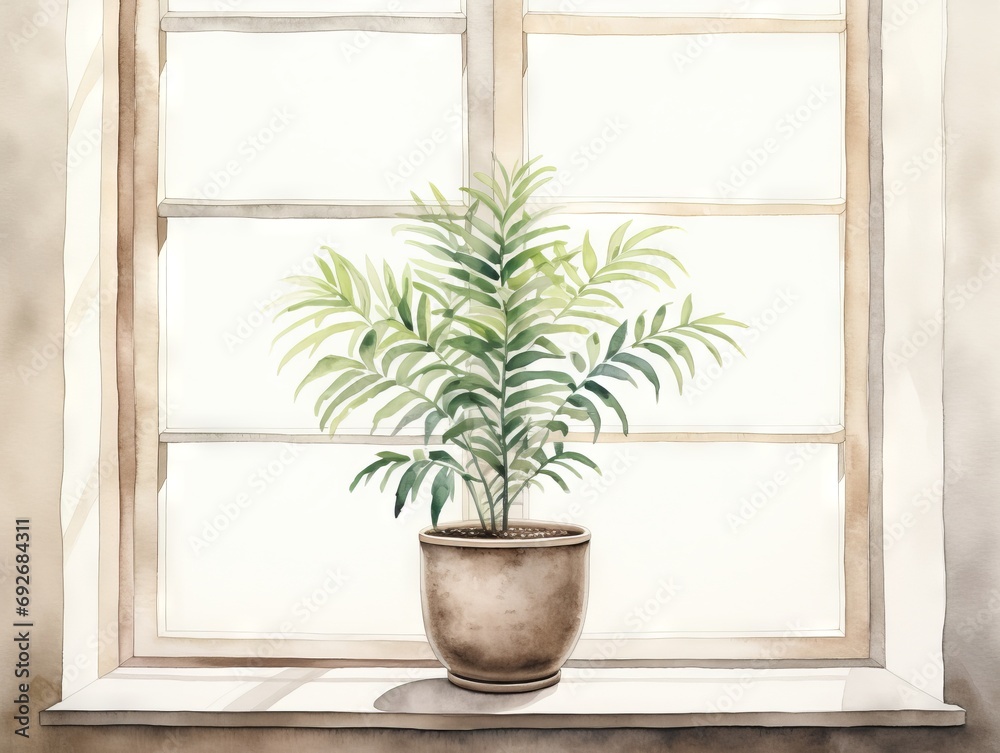 Palm tree in a pot on the windowsill. Illustration Generative AI