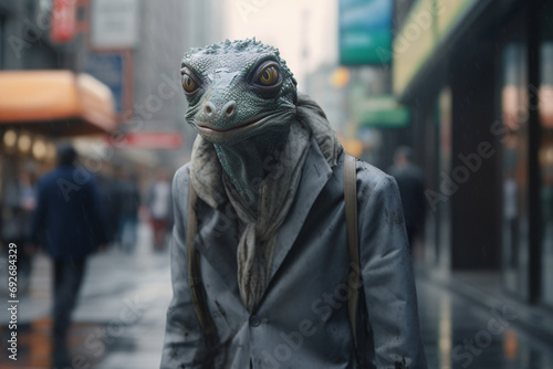 A lizard wearing human clothing walking through a city environment