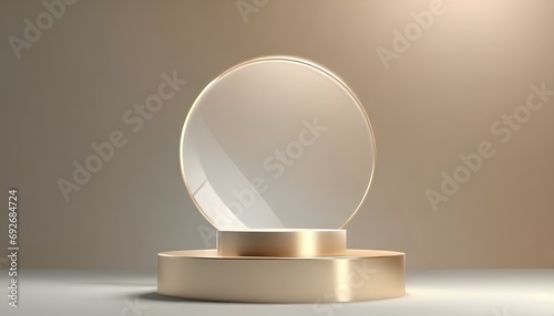 Realistic modern luxury style 3D shiny golden metallic double layer podium stand with transparent circle glass backdrop for jewellery. cosmetic, shoot mockup 