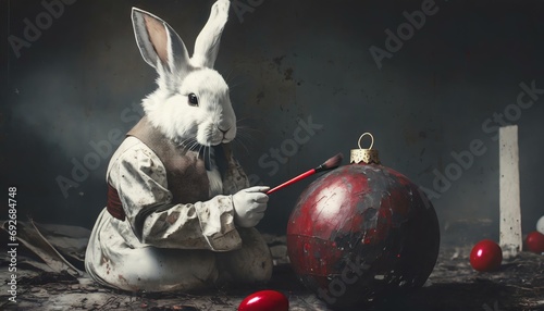 Weißes Kaninchen (Hase) in Vintage-Anzug bemalt rote Christbaumkugel in düsterer Atmosphäre. Konzept: Ostern / Weihnachten in einer dystopischen Zukunft. Surreale Illustration