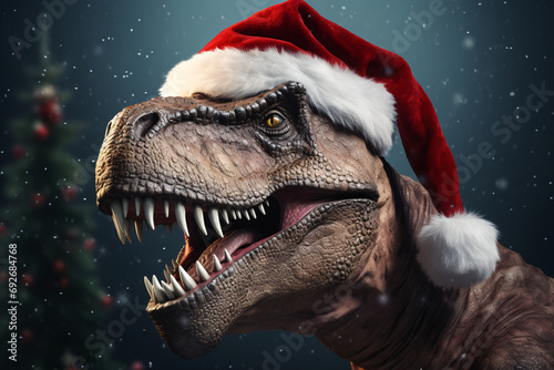 A T-Rex wearing a Santa hat, Christmas dinosaur © Dennis