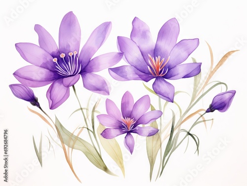 Purple crocus flowers isolated on white background. Watercolor illustration. Generative AI