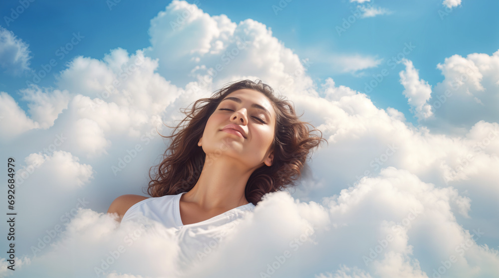 Beautiful woman sleeping and dreaming on clouds, representing deep good sleep and relaxation, soft fluffy cloud and blue sky, hd Beautiful woman sleeping and dreaming on clouds, representing deep good sleep and relaxation, soft fluffy cloud and blue sky, hd