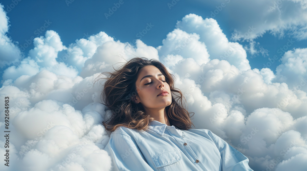 Beautiful latina woman sleeping and dreaming on clouds, representing deep good sleep and relaxation, soft fluffy cloud and blue sky, hd Beautiful latina woman sleeping and dreaming on clouds, representing deep good sleep and relaxation, soft fluffy cloud and blue sky, hd