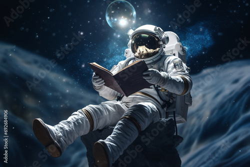 An astronaut reading a book in space
