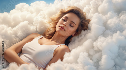 Beautiful european woman sleeping and dreaming on clouds, representing deep good sleep and relaxation, soft fluffy cloud and blue sky, hd