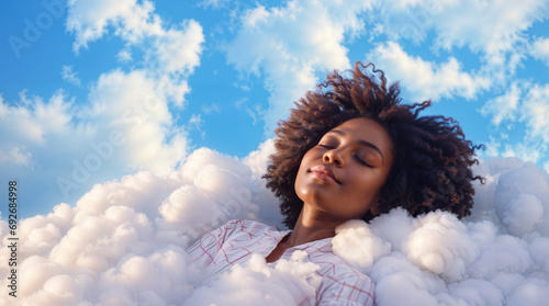 Beautiful african american woman sleeping and dreaming on clouds, representing deep good sleep and relaxation, soft fluffy cloud and blue sky, black woman, hd