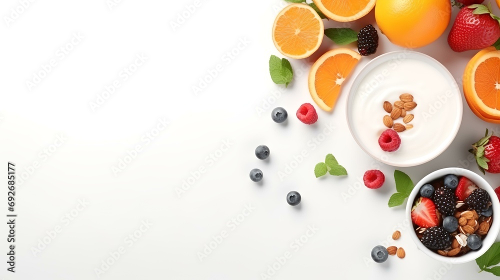 Healthy breakfast with yogurt, berries and cereals on white background Healthy breakfast with yogurt, berries and cereals on white background