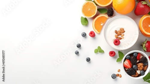 Healthy breakfast with yogurt, berries and cereals on white background