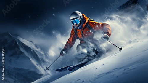 Alpine skier skiing downhill. Winter sports and leasure activities.  photo