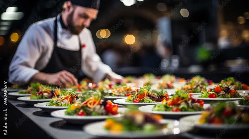 Catering food with chef in the background Catering food with chef in the background