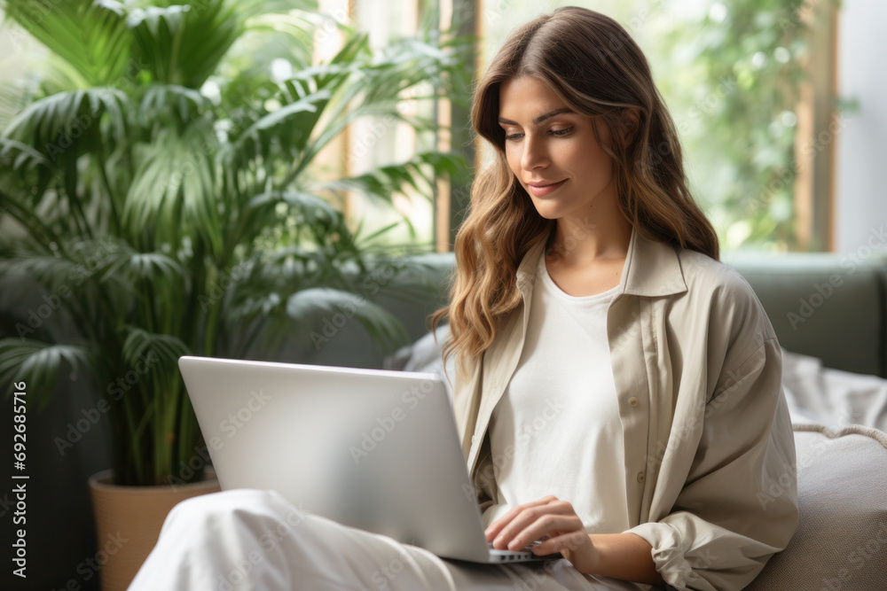 Young woman working on a laptop while sitting on sofa Young woman working on a laptop while sitting on sofa