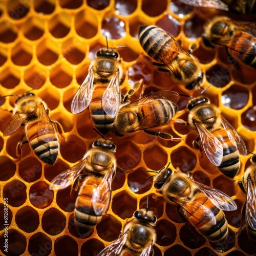 Bees in many honeycombs filled