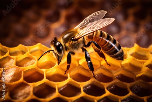 Close up view of bee working on honey cells © venusvi