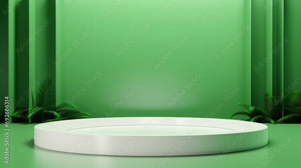Elegant abstract 3D room with realistic green and white cylindrical base. Minimal scene for trade show presentation, geometric design. Elegant abstract 3D room with realistic green and white cylindrical base. Minimal scene for trade show presentation, geometric design.