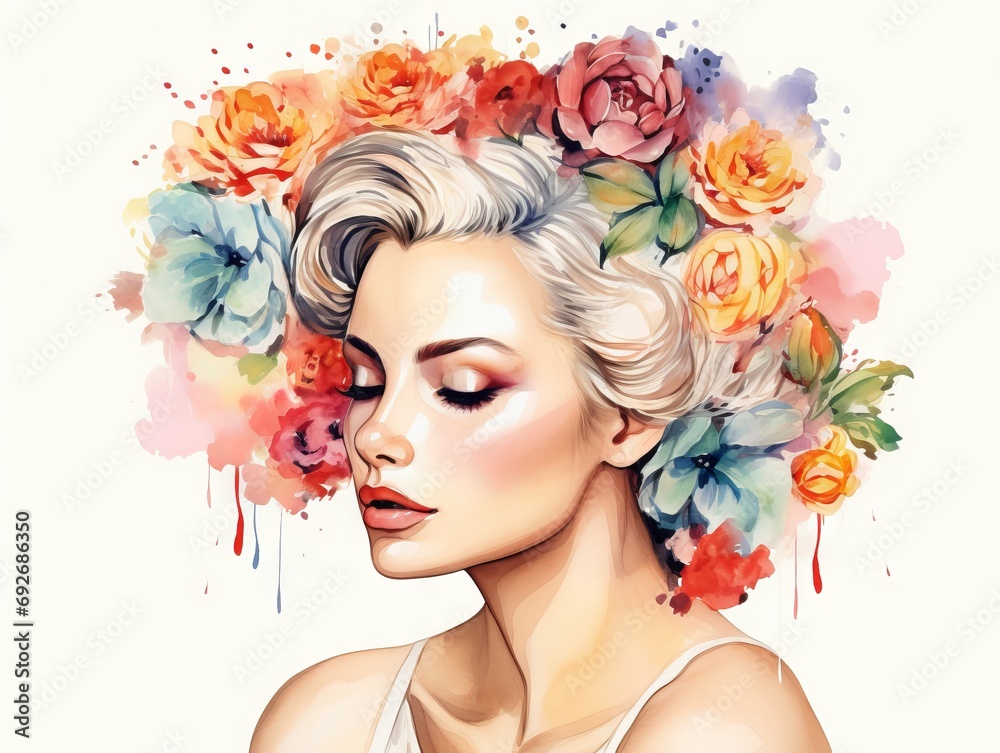 Beautiful young woman with flowers in her hair. illustration. Generative AI