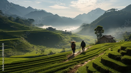 Farmers in Mu Kang Chai village walk on golden rice terraces in northern Vietnam. photo