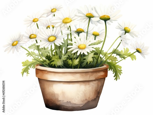 Chamomile flowers in a pot. Watercolor illustration. Generative AI © Alex