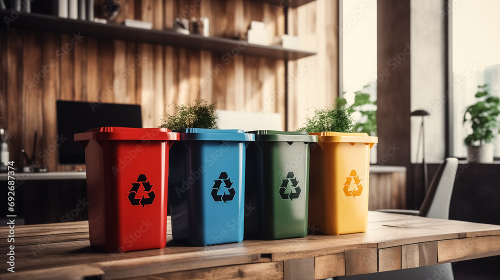 Eco-Friendly Recycled Plastic Indoor Dustbins. Colorful plastic bins for different waste types for the offices.
 - obrazy, fototapety, plakaty 