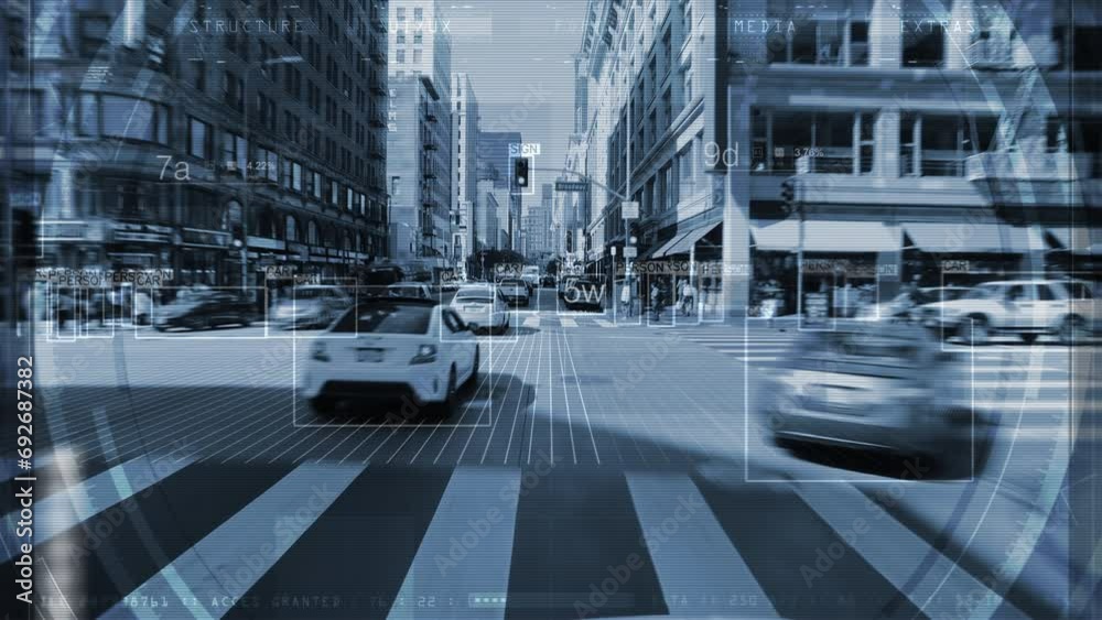 Downtown Los Angeles Avenue with Traffic. Computer vision with object