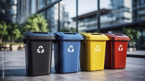 Eco-Friendly Recycled Plastic Outdoor Dustbins. Colorful plastic bins for different waste types