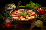 Thai Tom Yam Goong, soup with shrimp and asparagus with cherry tomatoes in it